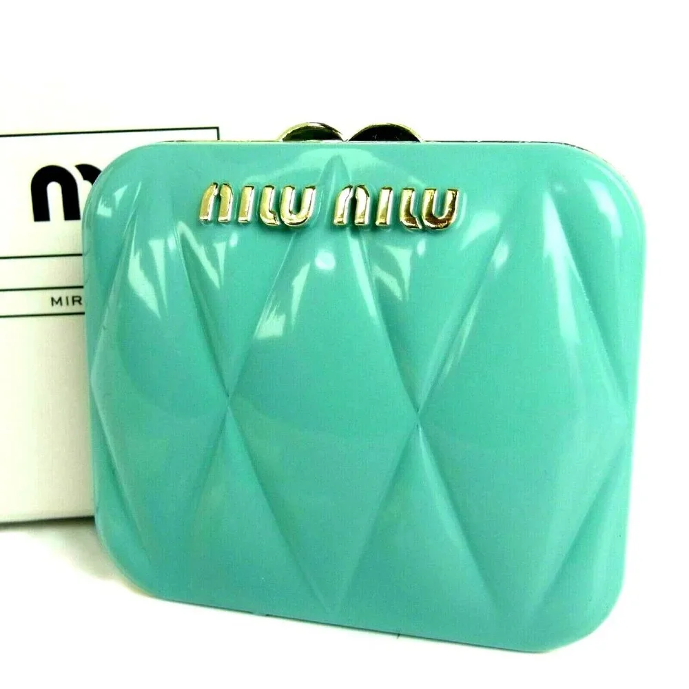 ✨Authentic MIU MIU Prada Teal Blue Quilted Compact Makeup Mirror +Pouch Gift NEW - Picture 4 of 7